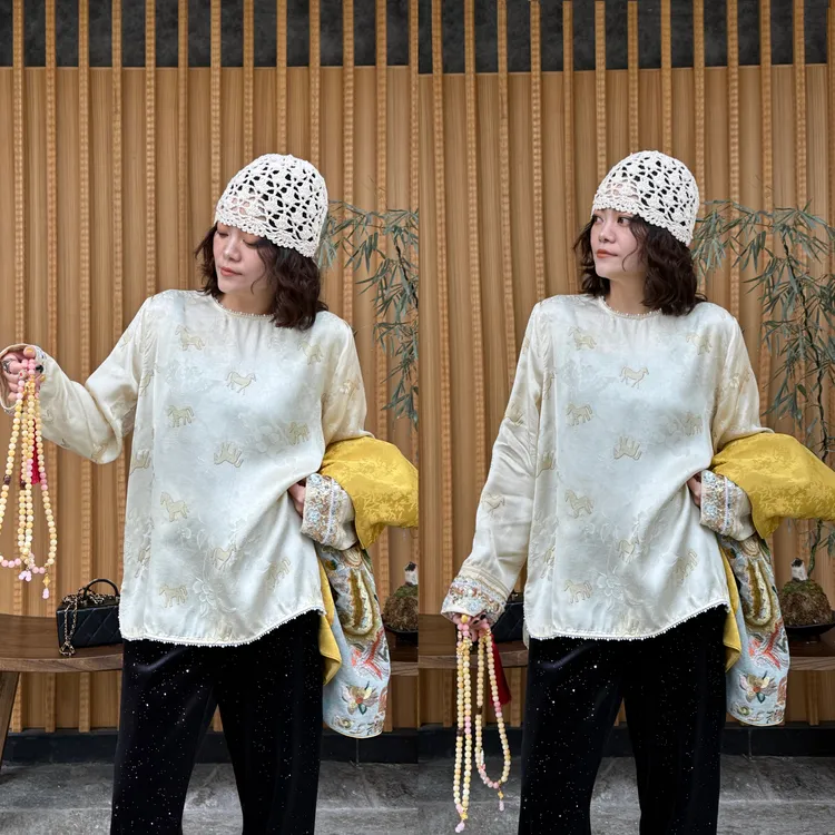 YDFSTUDIO小众【骏马恋歌】新中式国风骏马印花拼接设计百搭上衣