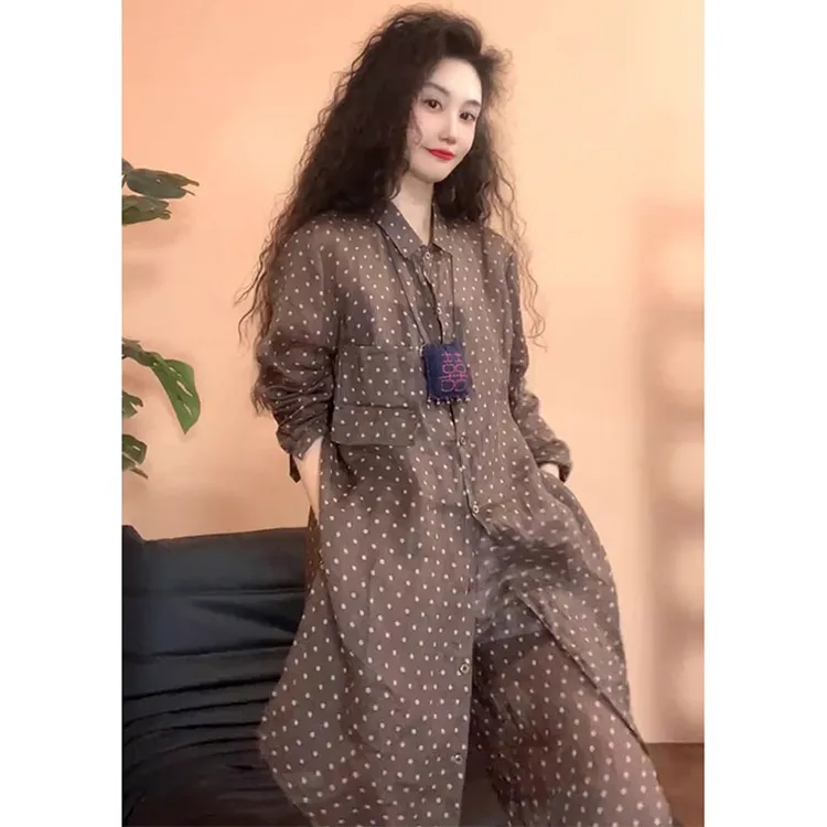 2025夏季新款慵懒风百搭宽松中长款上衣女高腰休闲裤波点两件套潮