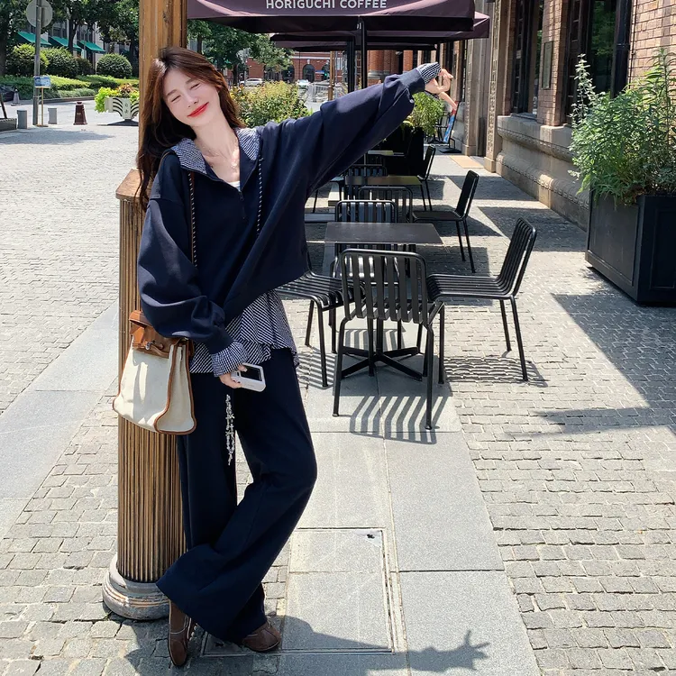 韩系独特超好看套装慵懒松弛感格子拼接假两件卫衣阔腿裤两件套