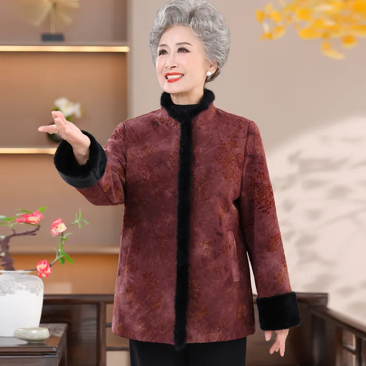 奶奶冬装水貂毛领全身加绒加厚外套婆婆妈妈冬季加厚保暖上衣宽松