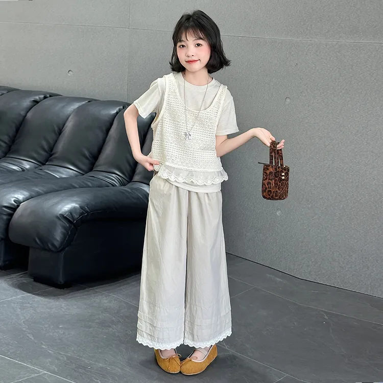 女童蕾丝花边套装甜美淑女2025夏新款中大童短袖背心三件套公主风