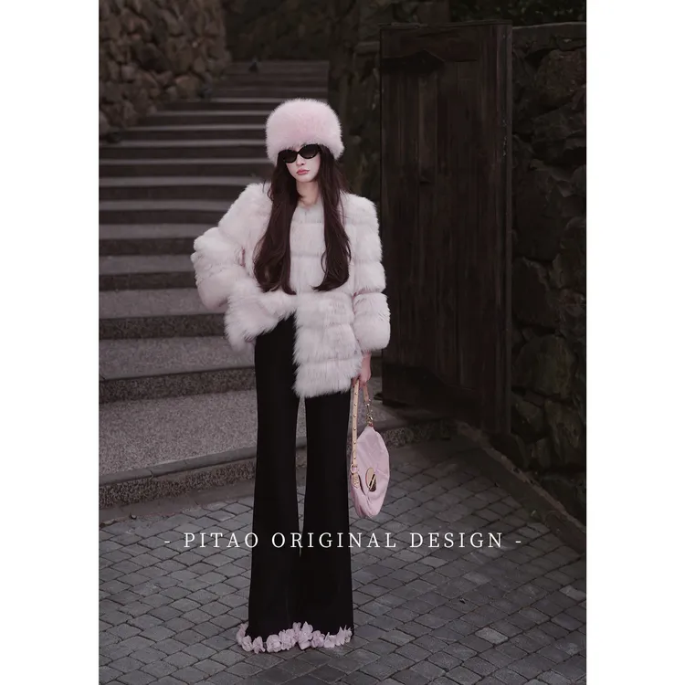 杜屁屁桃PITAO 原创【草莓黑巧】秋冬百搭时尚高腰设计师加绒牛仔裤