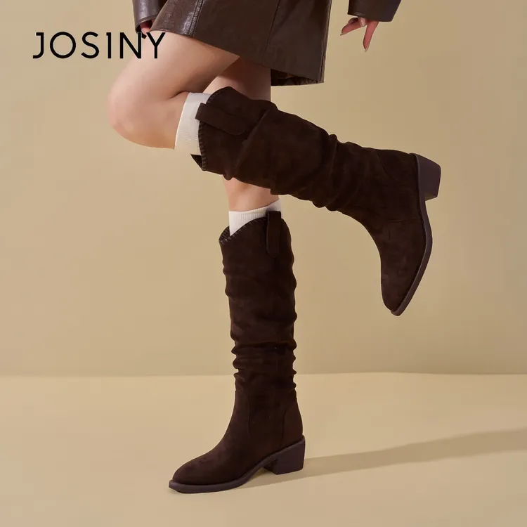 卓诗尼勃肯堆堆靴女粗跟长靴子2025冬季新款骑士褶皱翻毛皮长筒靴
