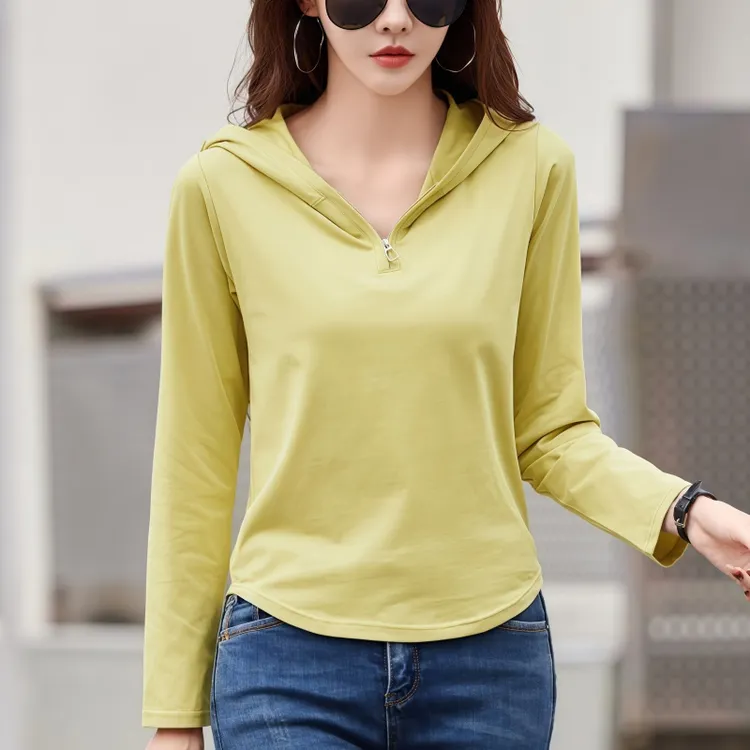 纯棉连帽纯色正肩长袖t恤女春秋季新款休闲时尚拉链打底内搭上衣