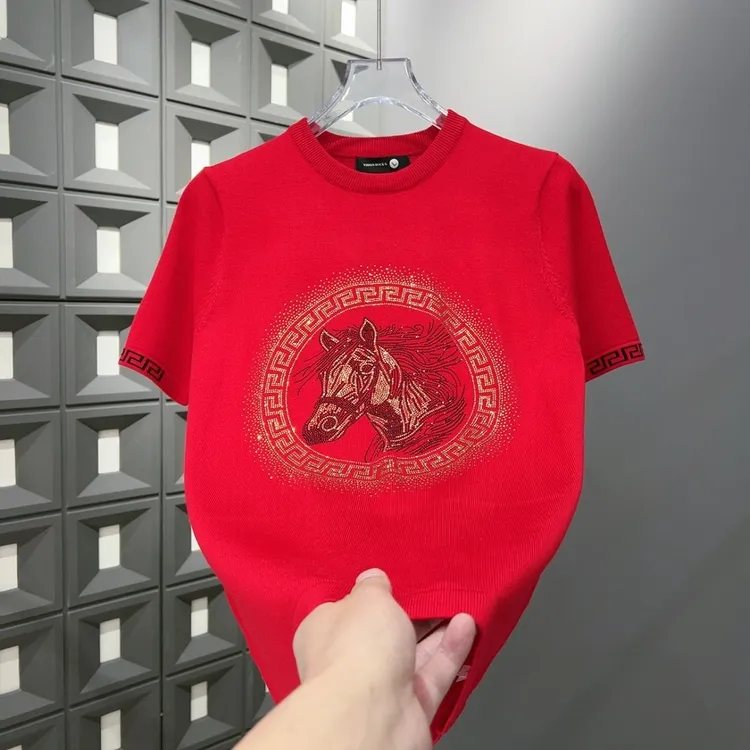 新款大红色本命年高品质男士针织短袖潮流重工时尚百搭镶钻3390