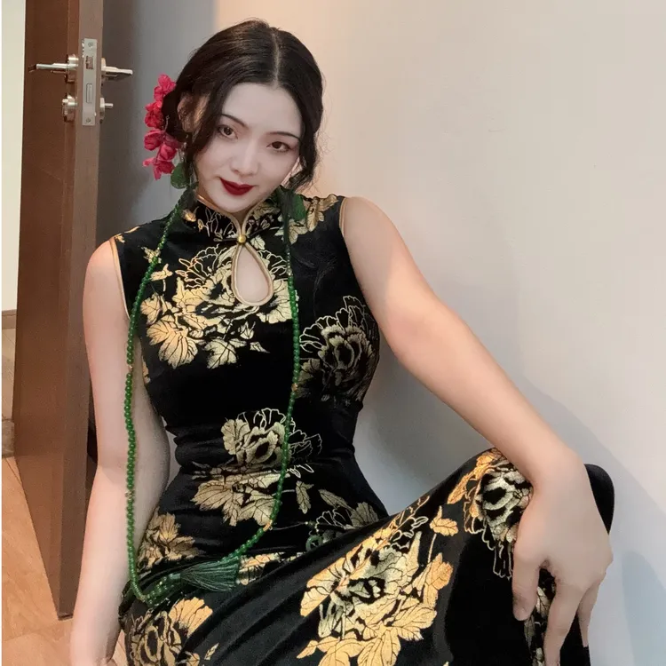 LHMknk1画报夫人原创自制高级重工烫金秋冬港工旗袍连衣裙 金妃花