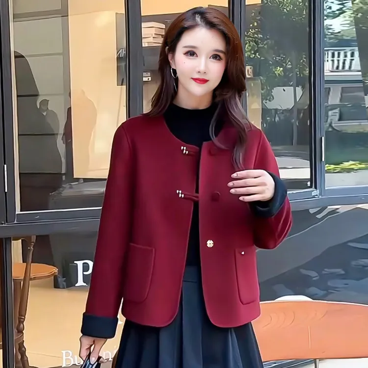 喜妈妈装秋冬新款中式洋气减龄红色双面呢外套中年女短款羊毛大衣