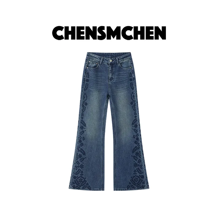 CHENSMCHEN 蓝色绣花牛仔微喇裤女时尚百搭休闲显瘦裤子CSN8001QQ