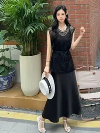 【T1847】无袖蕾丝+醋酸吊带裙两件套夏季新款小个子绸缎面连衣裙