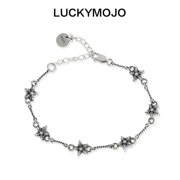 LUCKYMOJO 925银手链 朋克星星饰品复古做旧手链小众男生个性