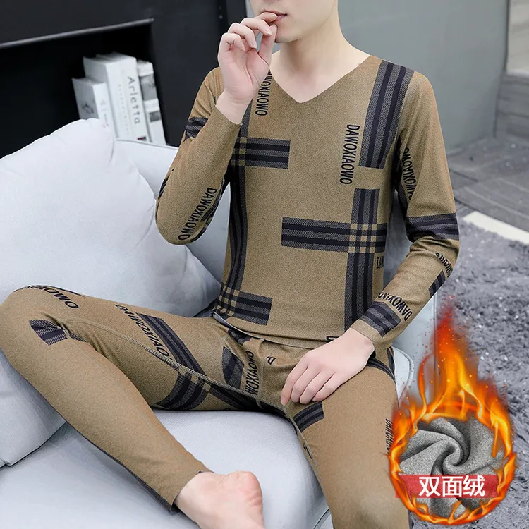 男士德绒保暖内衣套装无痕V领印花打底衫中青年双面薄绒秋衣秋裤