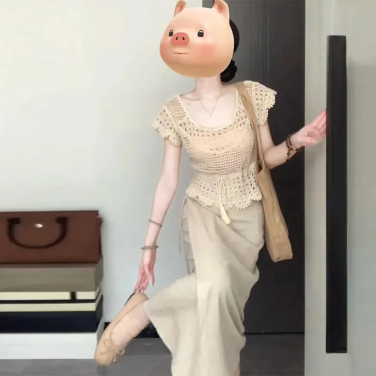 温柔风镂空钩花短袖针织衫女夏季设计感小众叠穿系带流苏罩衫上衣