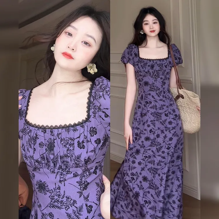 茶歇法式紫色方领连衣裙子女夏季2025新款高级感气质收腰长裙