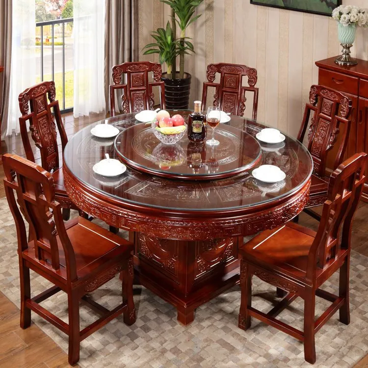 全实木餐桌椅组合带电磁炉自动转盘10人家用大圆桌中式圆形吃饭桌