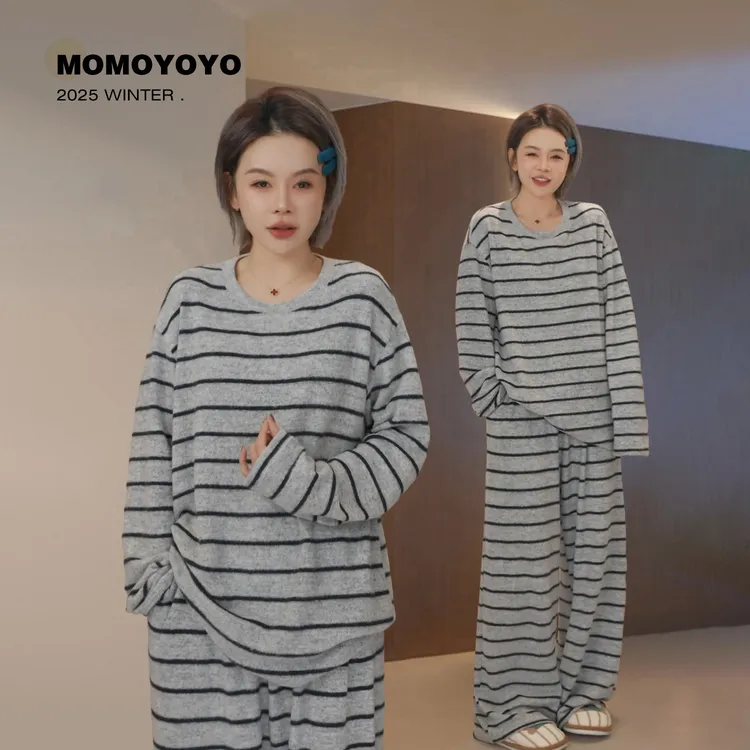 辰辰妈【极致懒人】儿童磨毛条纹家居服套装亲子装睡衣汉服9244D