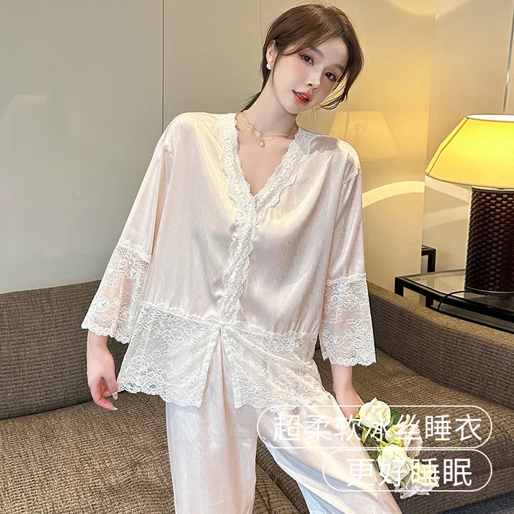 品质衬衫睡衣女春秋季长袖长裤家居服夏天凉感型仿真丝绸冰丝套装