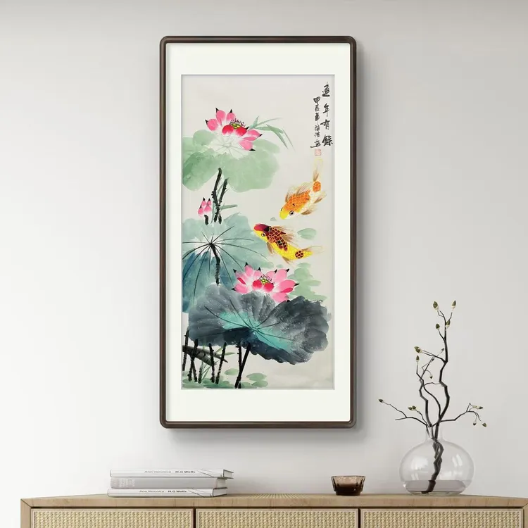 《连年有余》纯手绘荷花鱼写意国画三尺竖幅书画作品挂画文玩探宝