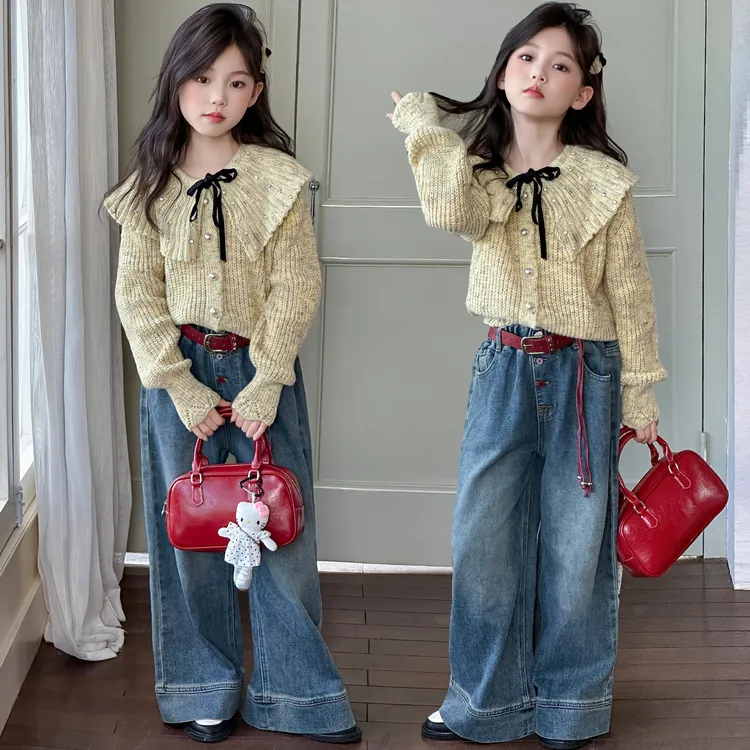 女童秋装毛衣牛仔裤套装2025新款春秋款针织衫开衫打底儿童两件套