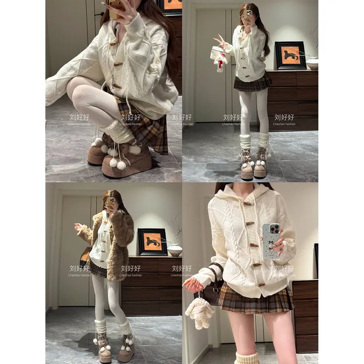 【刘好好】加厚绵羊绒牛角扣连帽毛衣针织开衫外套秋冬季保暖宽松休闲百搭
