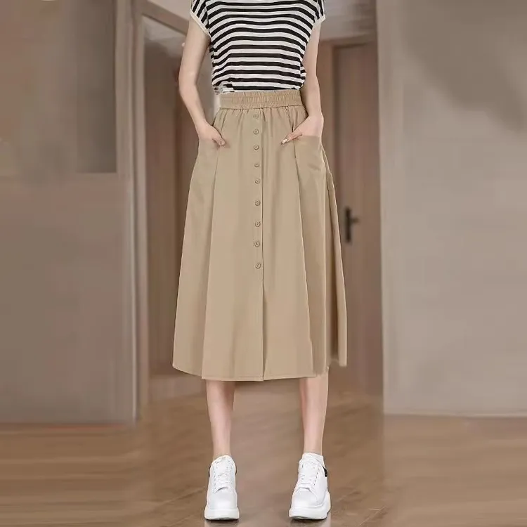 拉夏贝尔高腰显瘦半身裙女2025夏季薄款纽扣八分休闲a字中长裙子