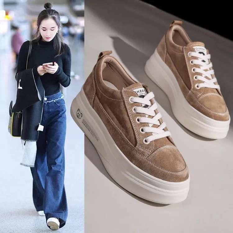 头层牛皮2025新款时尚百搭松糕鞋女厚底包鞋秋季内增高休闲鞋运动