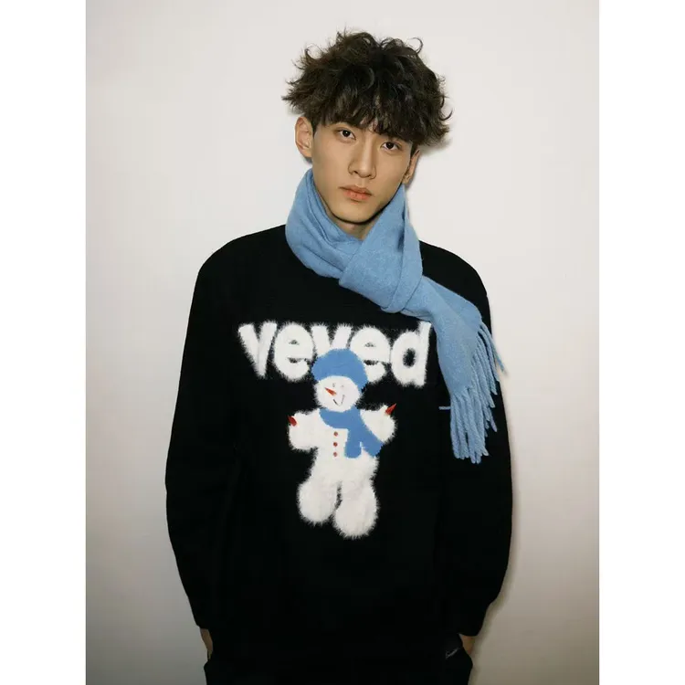 小雪人毛衣男秋冬季宽松休闲潮流百搭慵懒风卡通情侣装毛茸茸衣服