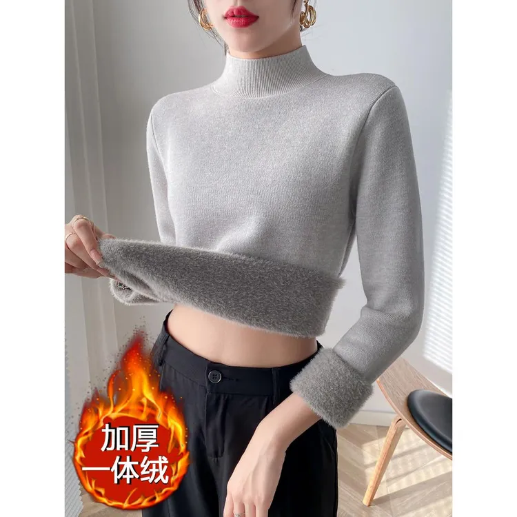 加绒半高领毛衣女一体绒秋冬加厚内搭大码修身打底针织衫保暖上衣