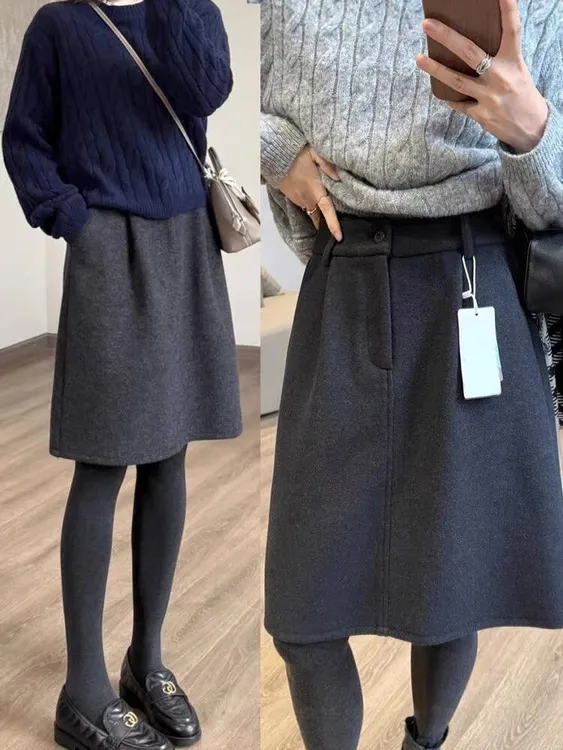 胖mm松紧腰藏肉毛呢花苞中裙秋冬高腰百搭显瘦a字裙遮胯半身裙子