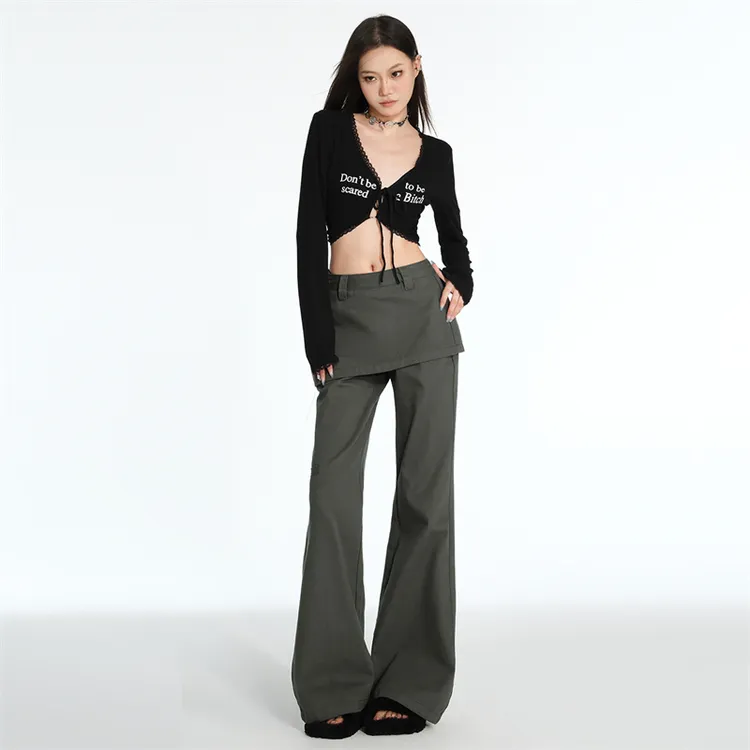 ZZR高腰假两件宽松微喇牛仔裤女新款休闲百搭工装设计感喇叭裤