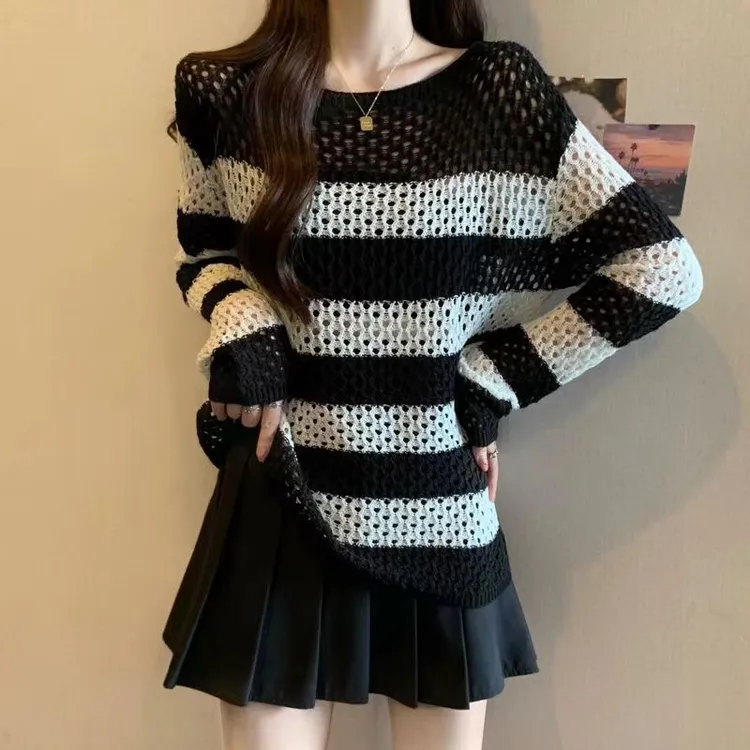 黑白条纹镂空针织衫毛衣大码女装秋冬新款胖外搭罩衫中长款上衣