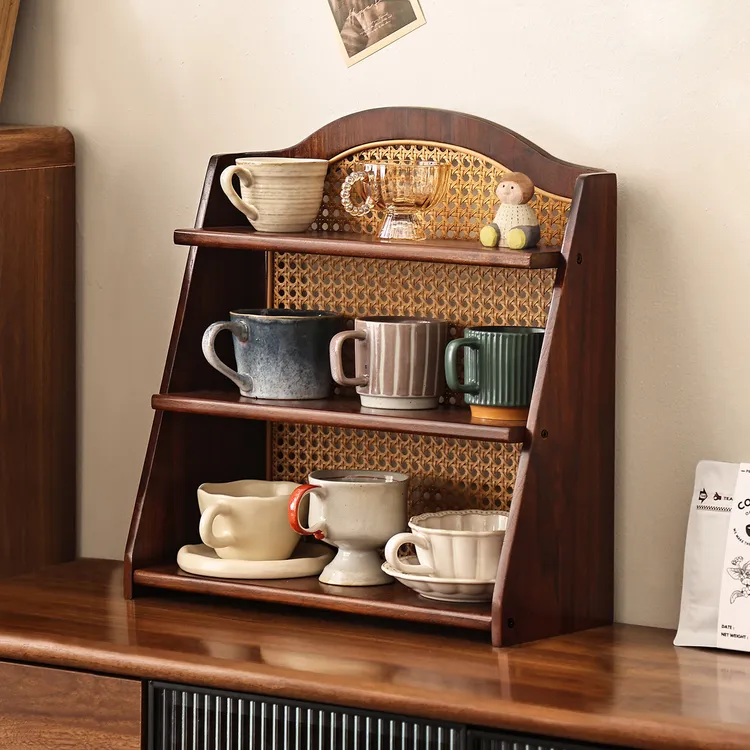 轻奢高级感杯子收纳架客厅餐桌置物架咖啡角水杯架实木藤编展示架
