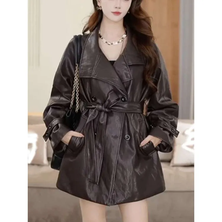 2025新款时尚百搭翻领宽松休闲百搭长袖拉风气质皮衣加羽绒外套