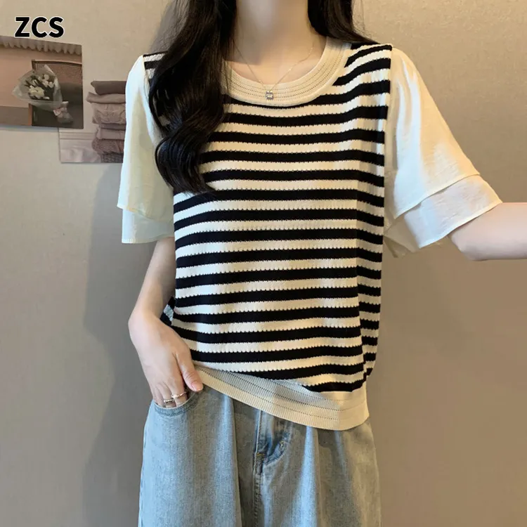 胖mm大码女装胖妹妹夏季新款拼接雪纺袖短袖T恤条纹正肩小衫上衣