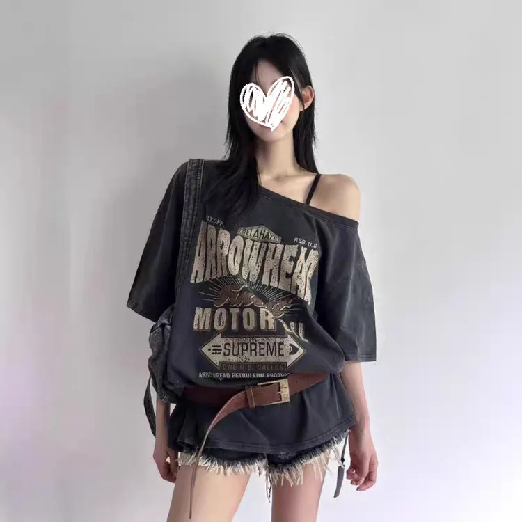 斜肩做旧复古夏大版美式 S3353洗水短袖T恤KAKAM字母重工T恤