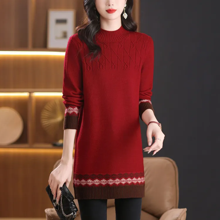 正品羊毛衫女中长款毛衣裙宽松半高领时尚提花洋气冬季内搭打底衫