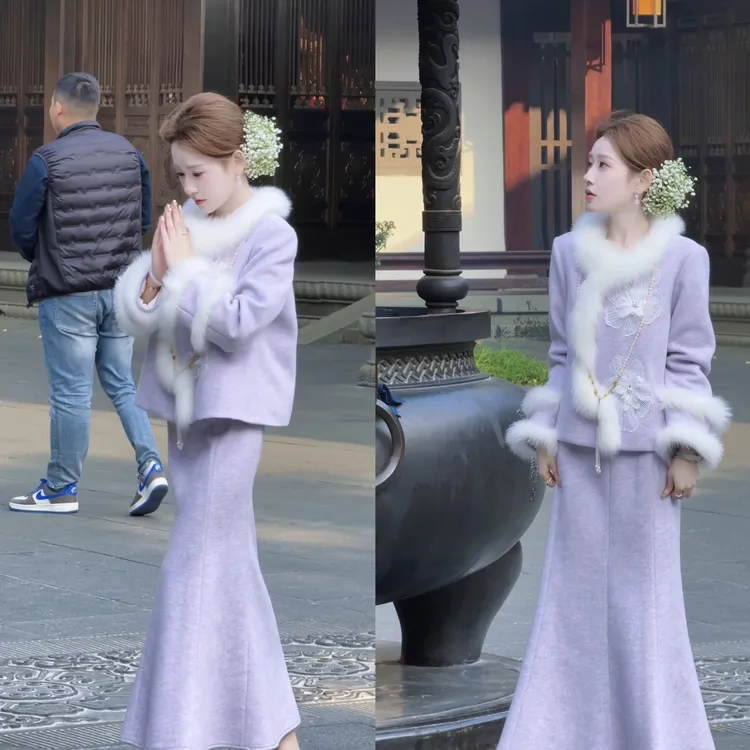 【婷婷】《雪落长安》 淡紫毛绒狐狸毛蕾丝花羽绒套装TT2SDTY2518