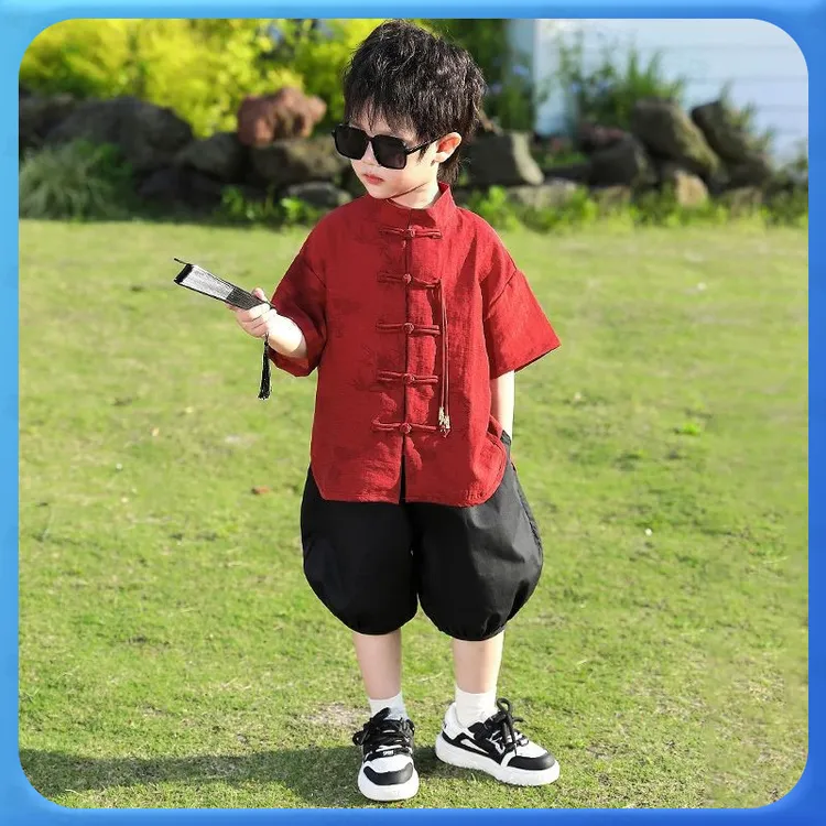 男童中式汉服幼儿园唐装清新正版学生版潮款复古风两件套套装衬衣