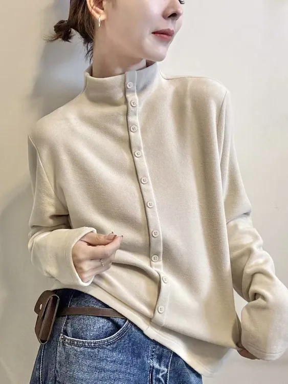 半高领单排扣女2025冬季新款欧货巨好看的上衣德绒打底衫开衫外套