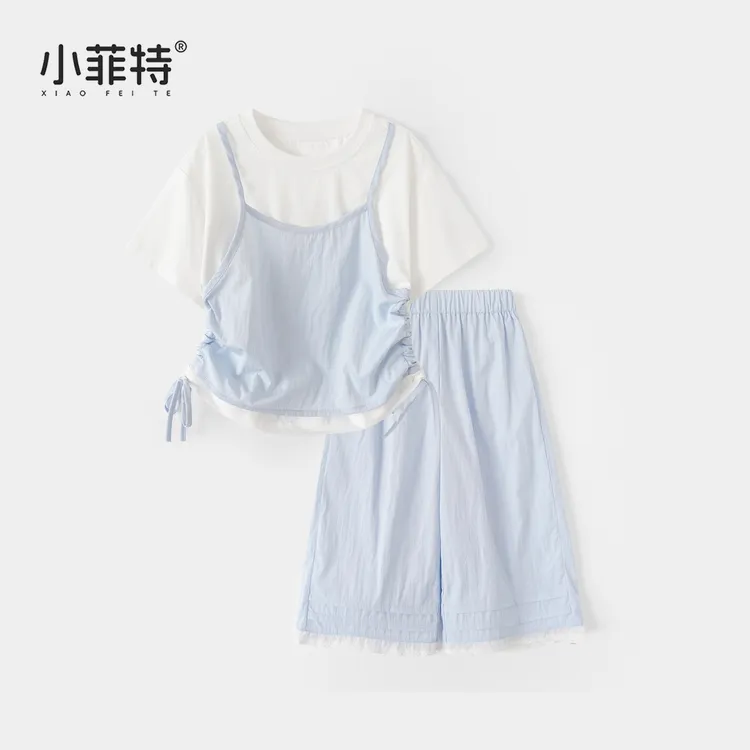 小菲特夏季新款女童薄款套装女宝拼接短袖t恤短裤两件套BGTX51182