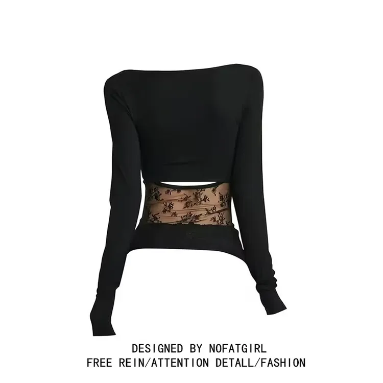 大码胖mm美式辣妹后背镂空蕾丝拼接长袖T恤女秋季修身显瘦上衣