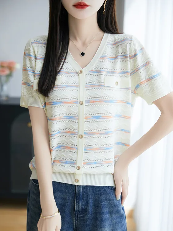 V领条纹气质针织衫条纹透气针织T恤短款开衫上衣女装百搭洋气显瘦