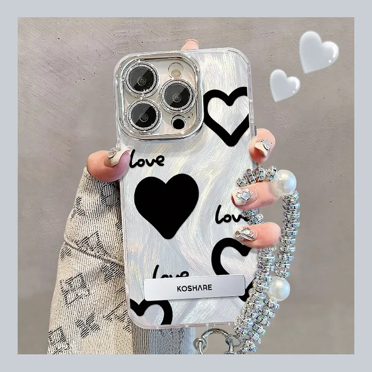 适用苹果15plus羽纱手机壳iphone14满屏爱心支架手链13pro镜头膜8