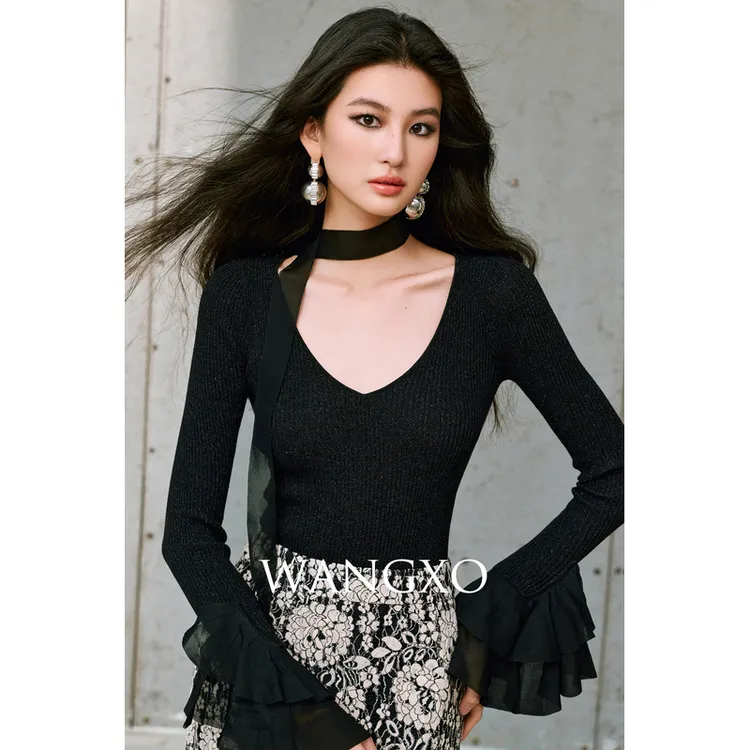 WANGXO 幻彩羊毛拼接欧根纱飘带上衣 2501081W