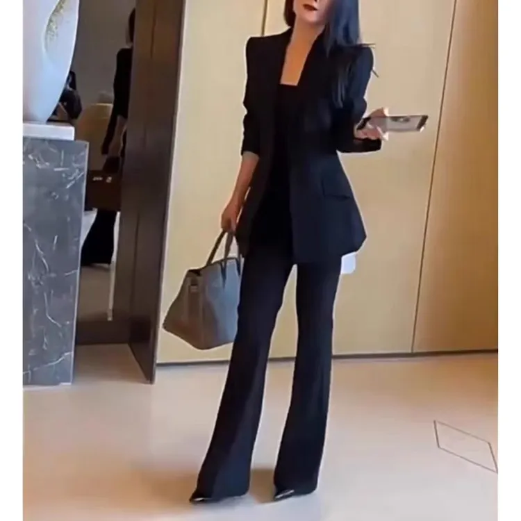 春秋大码女装显瘦职业西装套装胖mm中长款西服外套微喇长裤两件套