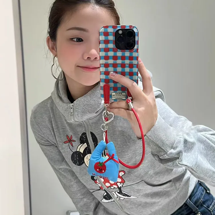格纹蓝布袋适用苹果17/16/15promax手机壳VIVO华为OPPO小米15女壳