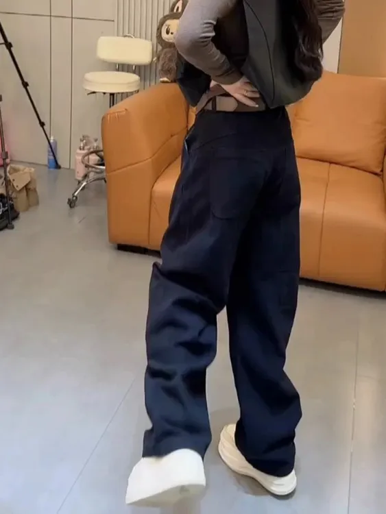 大码藏蓝色弯刀牛仔裤女秋季胖mm梨型显瘦高腰宽松洋气直筒阔腿裤