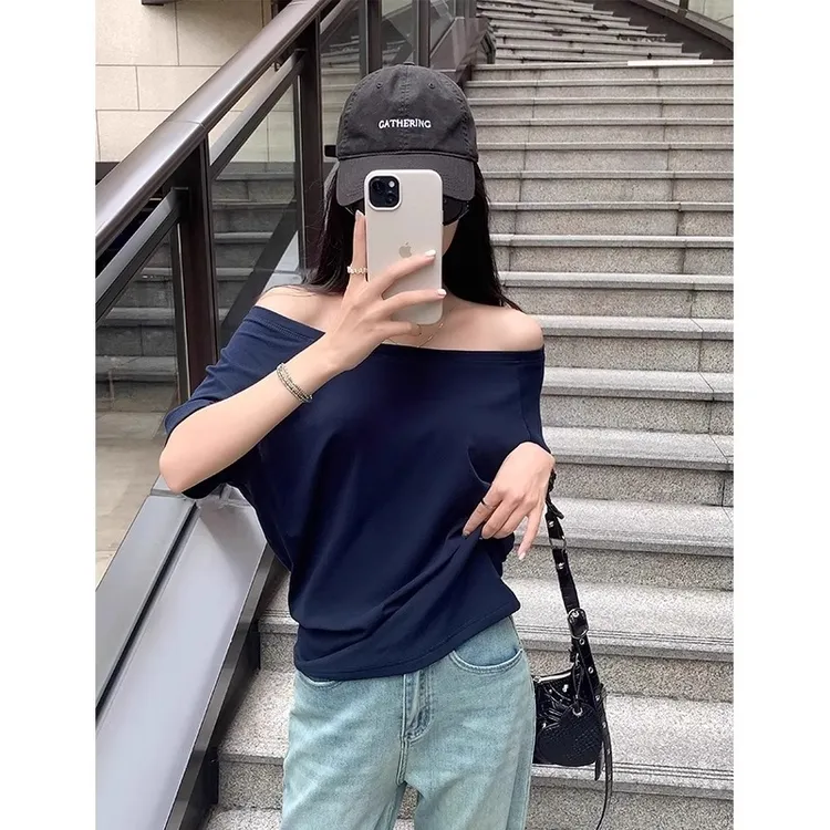 2025夏季张婧仪同款一字斜领露肩宽松短袖T恤女甜辣别致绝美上衣
