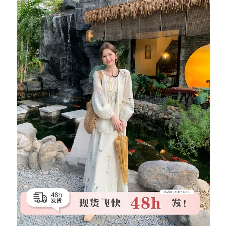 陳文文xenl【弦月烟雨】国风古韵绣花中式套装女长袖半裙两件套3644