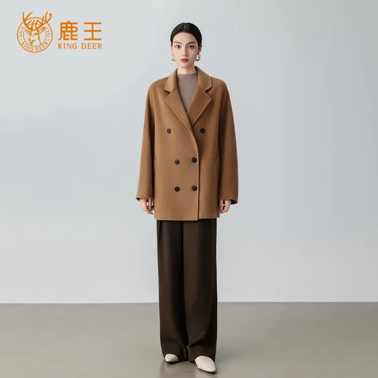 鹿王25秋冬新款女翻领100山羊绒经典双排扣中长款大衣 LX1021
