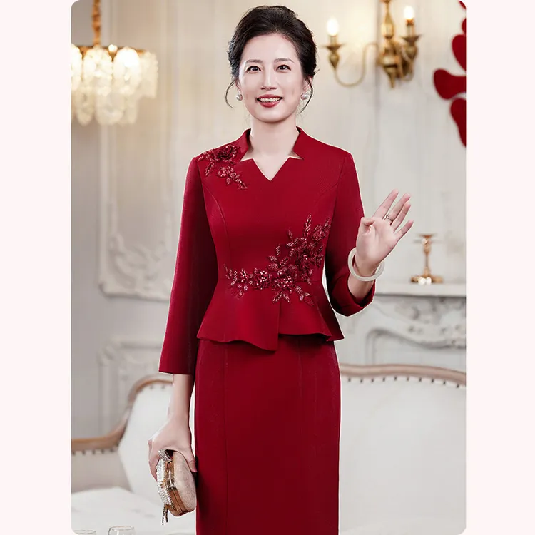 【8分袖/加绒】订婚伴娘服宴会喜婆婆喜妈妈中式结婚婚宴长款婚礼服